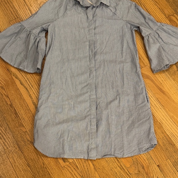 Cotton White Gray Striped Midi Dress with Flared Sleeves Size: XS - Picture 6 of 13